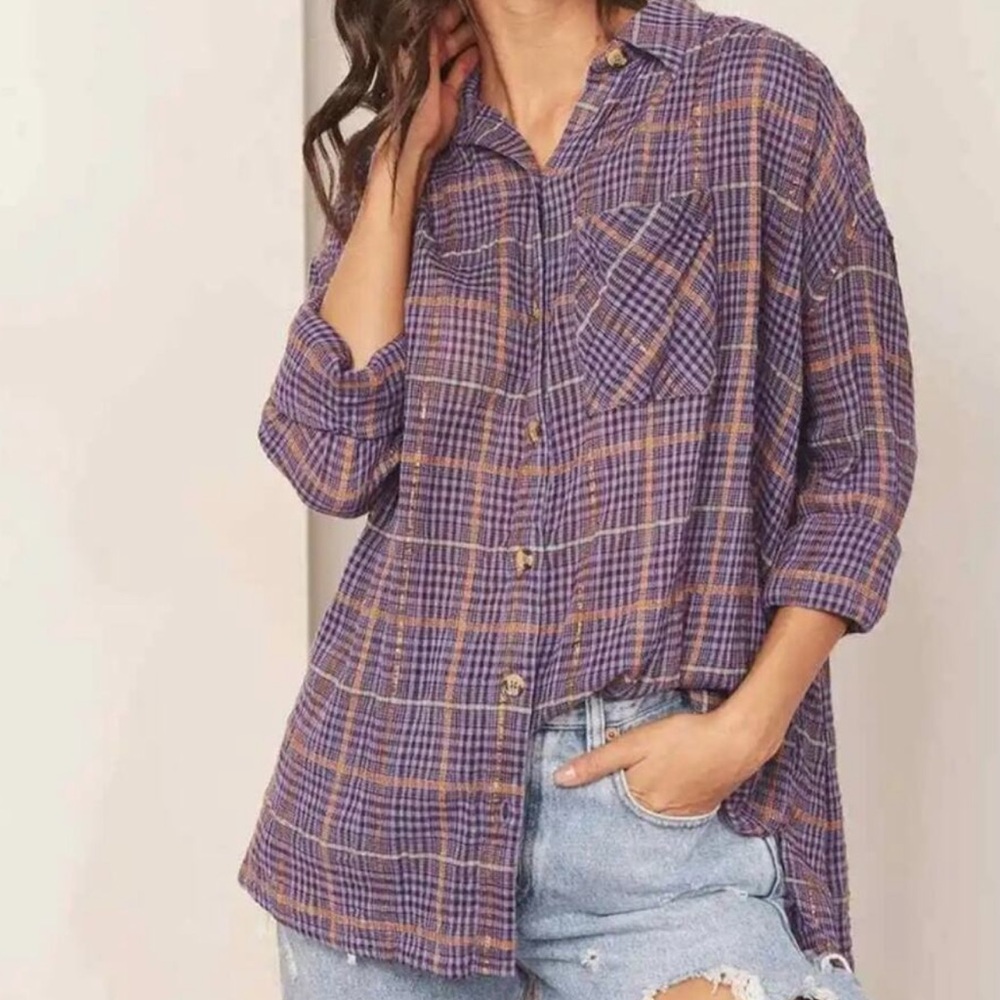 Free people break my stride Top purple metallic thread boxy button down LARGE
